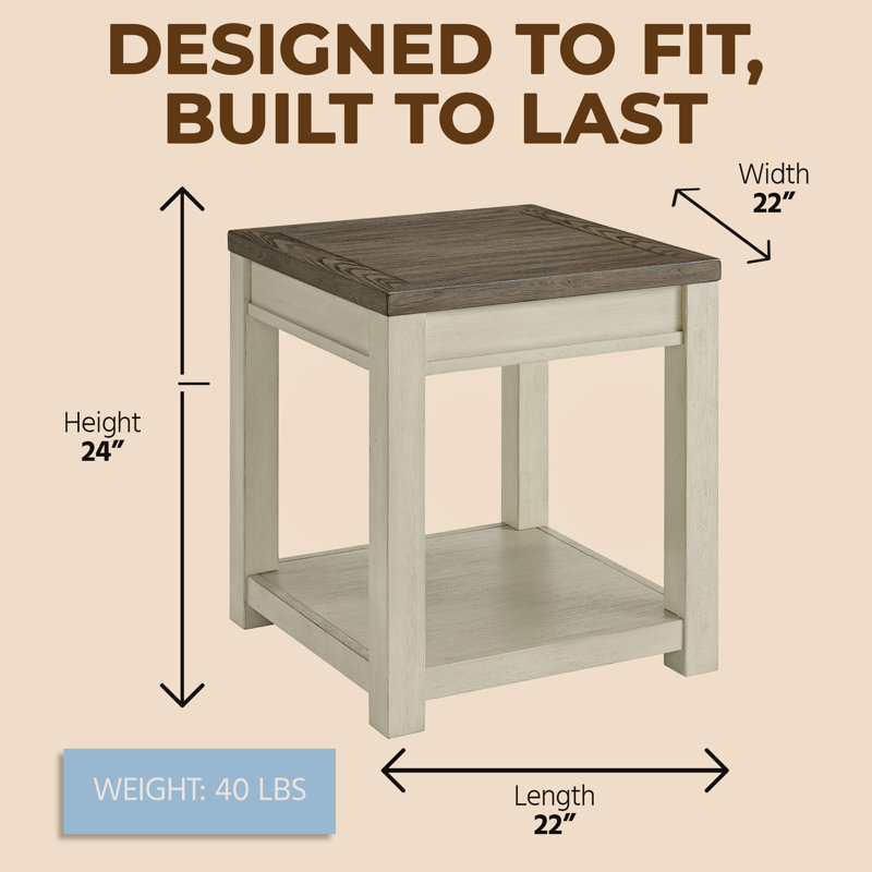  Tate Farmhouse Wood End Table with Shelf, Brown and Cream, 2 Pack