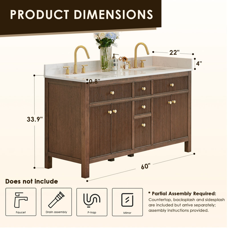 Meuble-lavabo double 60 po avec miroir Lala, Chêne brun brossé