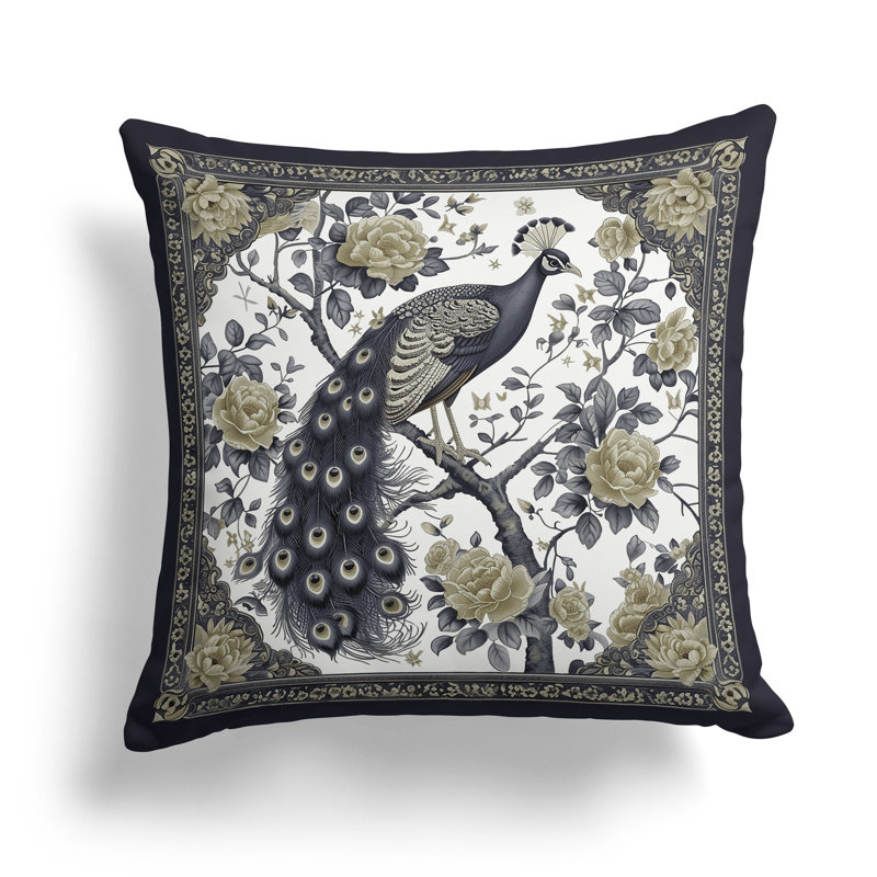 Coussin Peacock, Gris / Crème, H 18 po x l 18 po