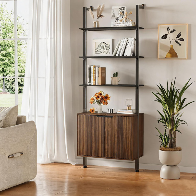 Bibliothèque de 74 po de hauteur avec armoire de rangement, étagère échelle moderne avec cadre en bois et en métal, bibliothèque murale ouverte pour le salon, la chambre à coucher, le bureau personnel, blanc et chêne