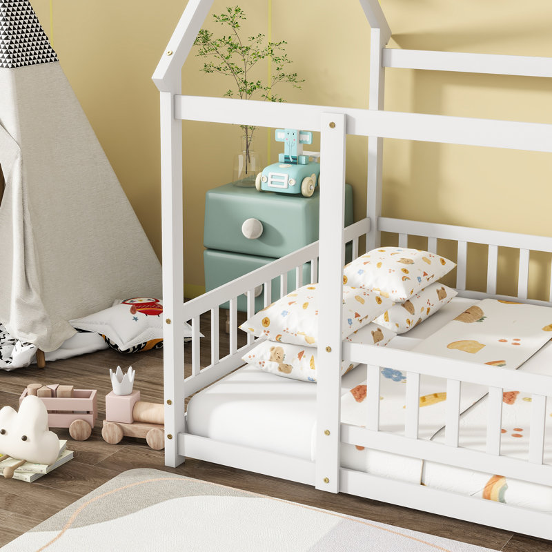 Full Size House Floor Wooden Bed With Roof Frame, Safety Guardrails,Whtie, White, Full