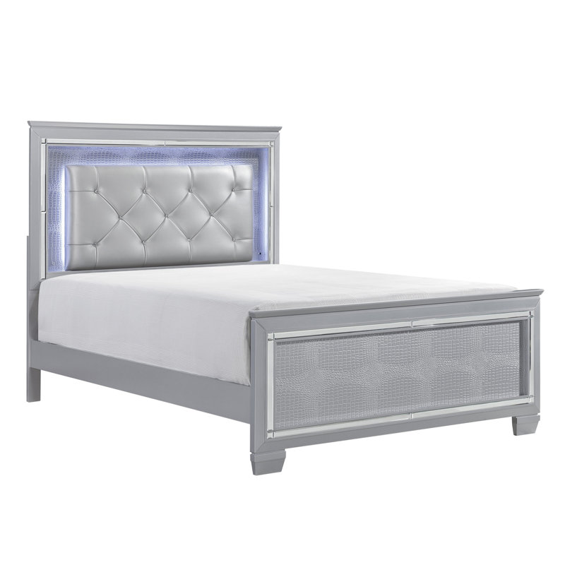 Allura Full LED Upholstered Panel Bed, Silver
