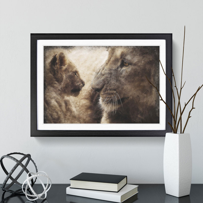 Lion Cub with Its Mother - Picture Frame Painting Print, 33cm H x 45cm W x 2cm D, Black Framed