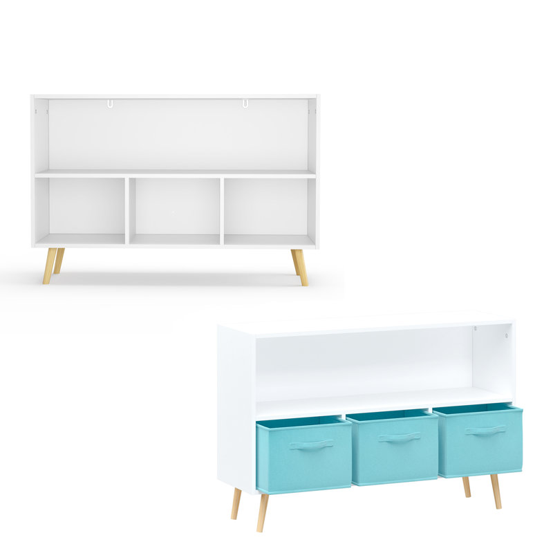 Bibliothèque pour enfants avec bacs pliables en tissu pour enfants, Blanc / Bleu