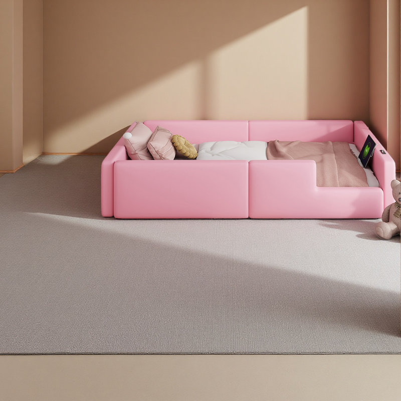 Twin Size Upholstered Platform Bed With Guardrail And Charging Station