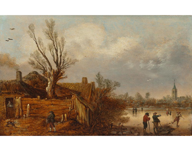 "Chalets et rivière gelée" par Esaias Van De Velde - Art mural sur toile tendue avec châssis, H 18 po x l 14 po