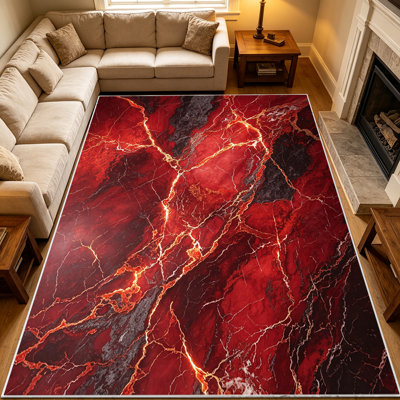 Tapis d'intérieur 1 pièce, motif marbre rouge, noir et or veiné, idéal pour le salon. Doux et confortable, il convient à toutes les saisons, est facile d'entretien et lavable à la machine. Parfait sous une table, dans une salle à manger, une chambre, une entrée ou un bureau.