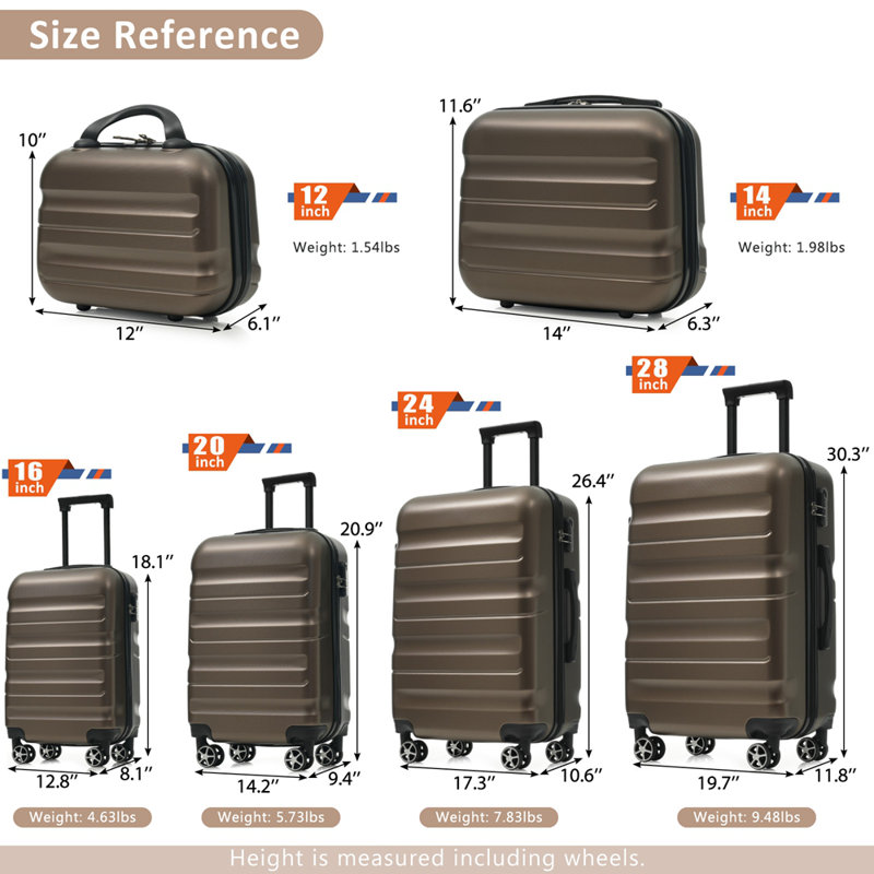 Ensemble 6 pièces de valises rigides en ABS - Valises légères et durables avec deux roues pivotantes, tailles de bagage à main et pour bagages