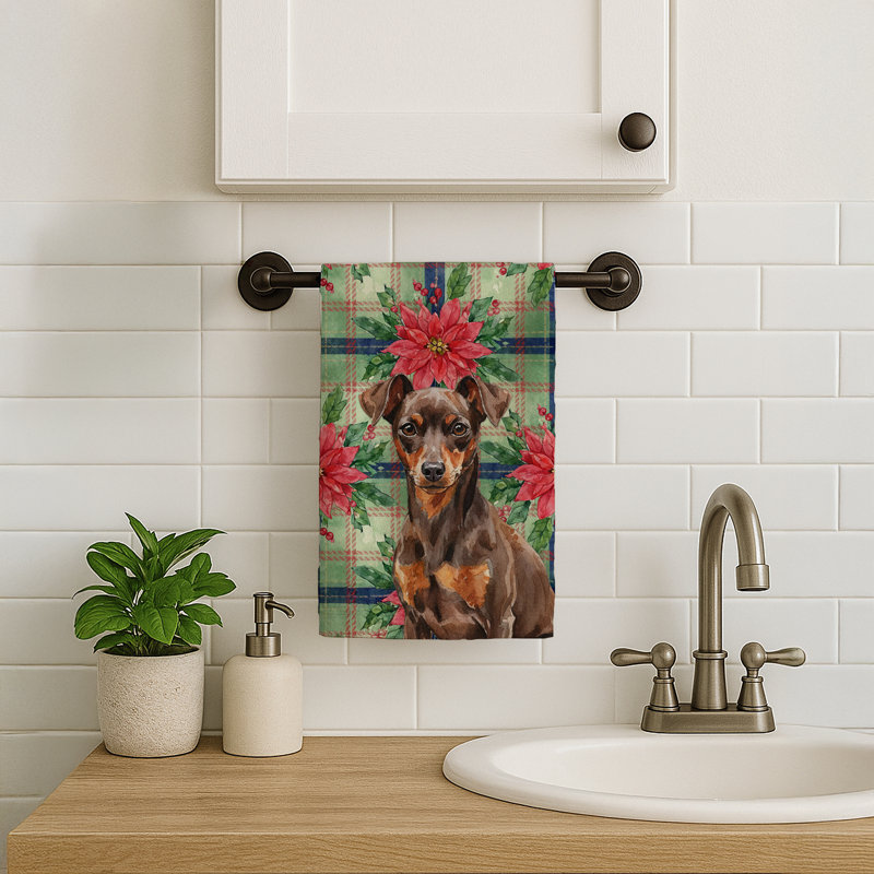 Chocolate and Rust Miniature Pinscher Min Pin Christmas PoinsettIas Kitchen Towel, Chocolate/Rust Miniature Pinscher Min Pin