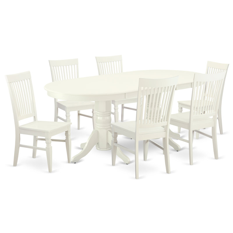 Ensemble de mobilier de salle à manger 7 pièces composé d'une table ovale en bois avec papillon et 6 chaises de cuisine, lin blanc