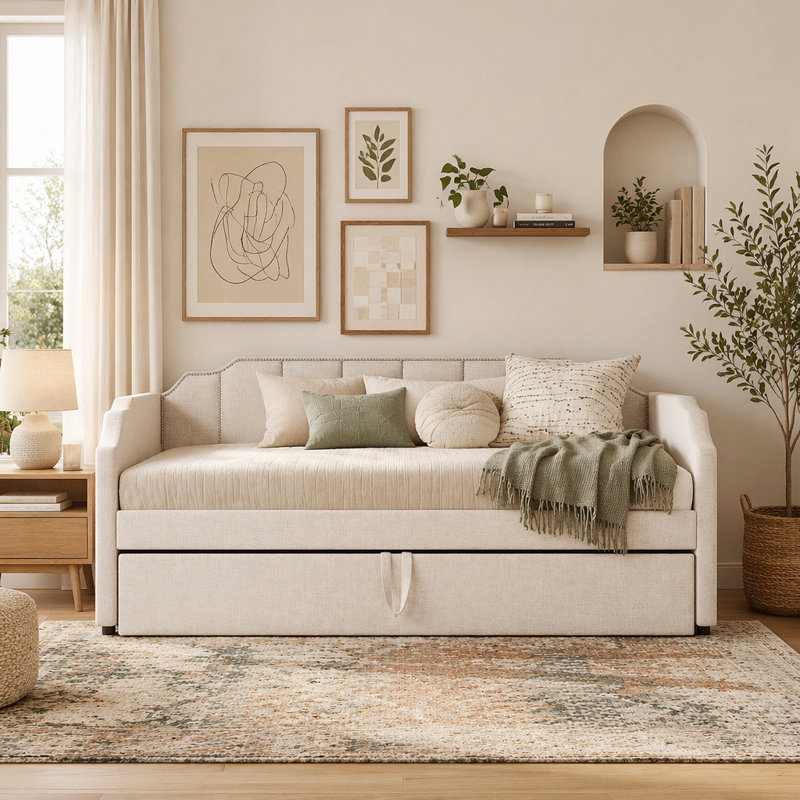 Lit de jour simple rembourré avec couchette escamotable et ports de chargement USB, Beige