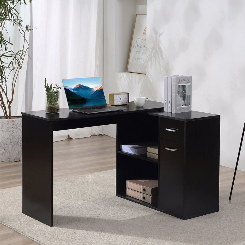 L Shaped Computer Desk, 180Â° Rotating Corner Desk With Storage Shelves, Drawer And Cabinet, Study Workstation For Home Office