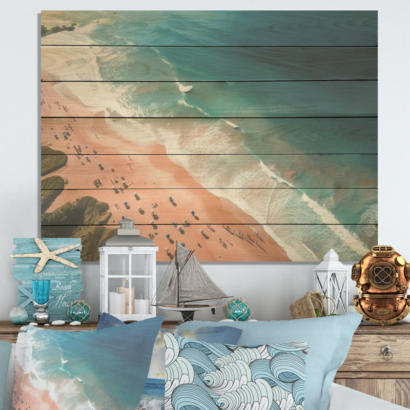 Vue aérienne de la plage bleue et rose VI - Plage et océan sur bois, H 34 po x l 44 po
