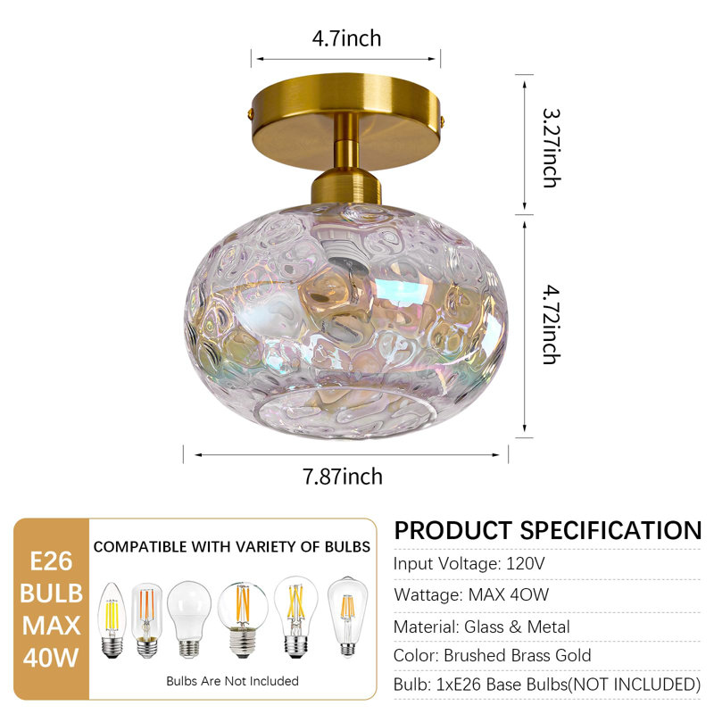 Gold Semi Flush Mount Ceiling Light with Stained Hammered Glass Shade