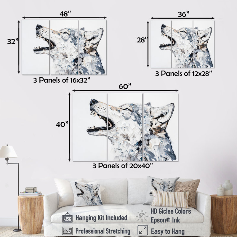 Loup hurlant en couleurs douces III - ensemble d'art mural loup, H 28 po x l 36 po, Toile tendue, Ne s’applique pas