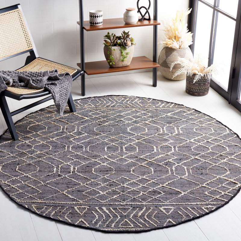 Natural Fiber Hand Loomed Jute/Cotton Southwestern Rug in Ivory/Black, Round 6'