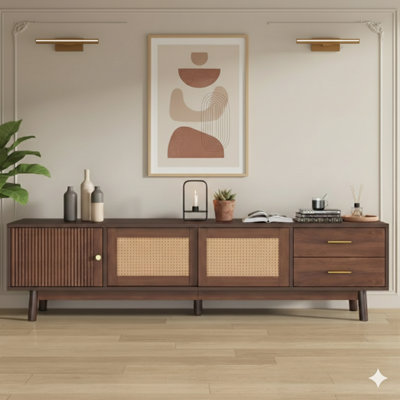 Meuble télé de style moderne Mid-Century pour téléviseurs de 80 pouces, centre de divertissement équipé de portes et de tiroirs coulissants, offrant un espace de rangement pour le salon ou la chambre à coucher