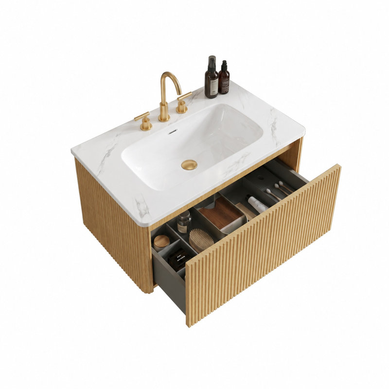 Ensemble de meuble-lavabo rayé en chêne clair de 30 po avec lavabo en céramique blanc de Carrare Etna