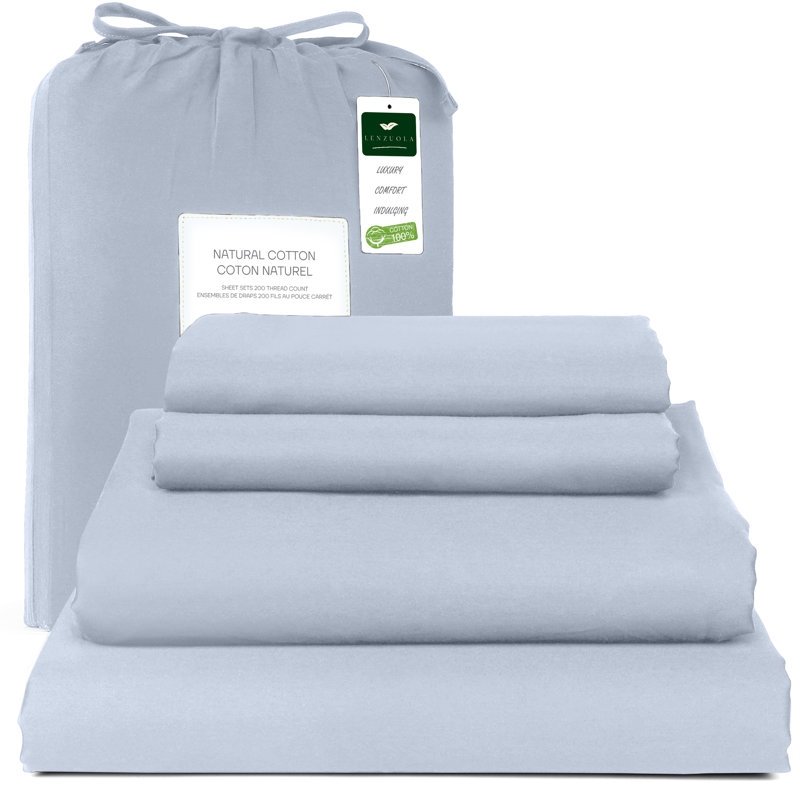 Ensemble de draps 100% satin de coton 200 fils respirant et rafraîchissant, Bleu ciel, Grand