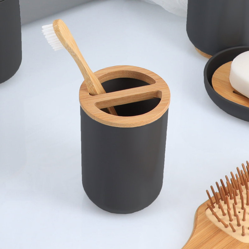 Porte-brosse à dents et porte-dentifrice avec plateau en bambou PADANG, Brun / Noir