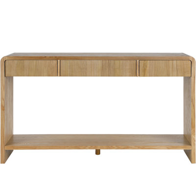 Modern 3 - Drawer Brown Console Table With Vertical Slats, Rounded Edges, Exceptional Craftsmanship For Home Spaces Smooth Gliding Drawers, Groove, Behind In Residential Homes