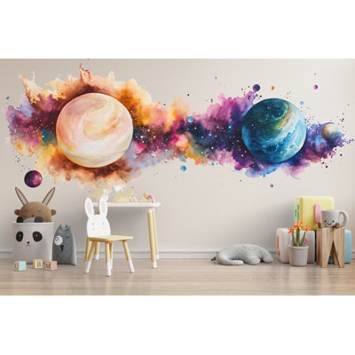 Colourful Planet Wall Art, Watercolor Galaxy Nursery Decor, Space Kids Room Art, Cosmic Nursery Wall Mural 153Mv