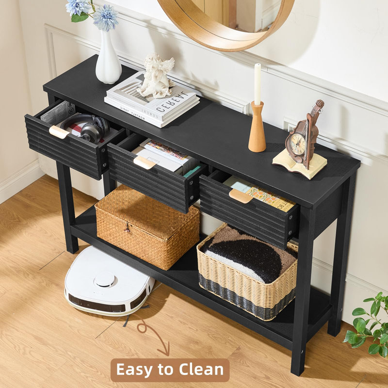 Fluted 47.2" Console Table with 3 Drawers, Modern Wood 2 Tier Entryway Table with Open Storage Shelf, Boho Sofa Entry Tables Behind Couch for Living Room, Hallway, Entrance Foyer (Black Oak)