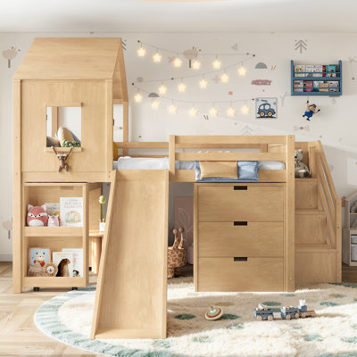 Lit mezzanine bas avec tiroirs de rangement et tablettes ouvertes PlayNest