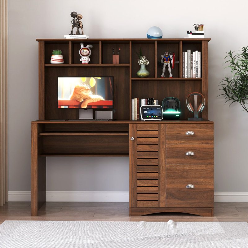 Bureau d'ordinateur 59 "avec huche et rangement, bureau d'ordinateur rectangulaire à 3 tiroirs avec tablettes ouvertes, Brown