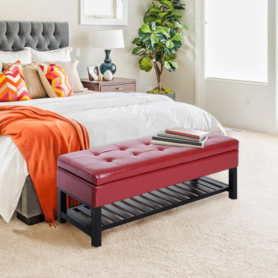 44" Tufted Faux Leather Ottoman Storage Bench With Shoe Rack- Crimson Red