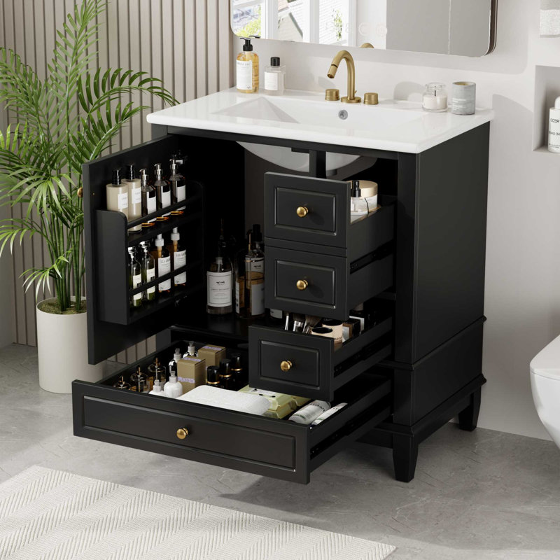 Meuble-lavabo autoportant de 30 po avec lavabo en céramique et grand espace de rangement, Noir, noir, noir, noir, Doré