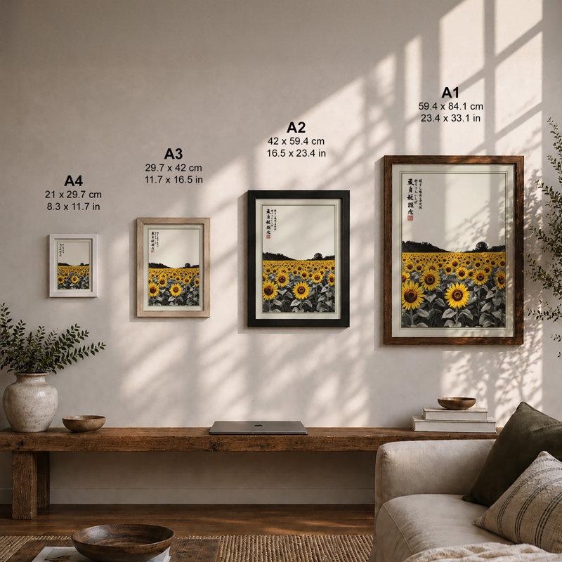 Sunflower Fields Japandi - Framed Print, Unframed, A1 - 84.1 x 59.4 cm