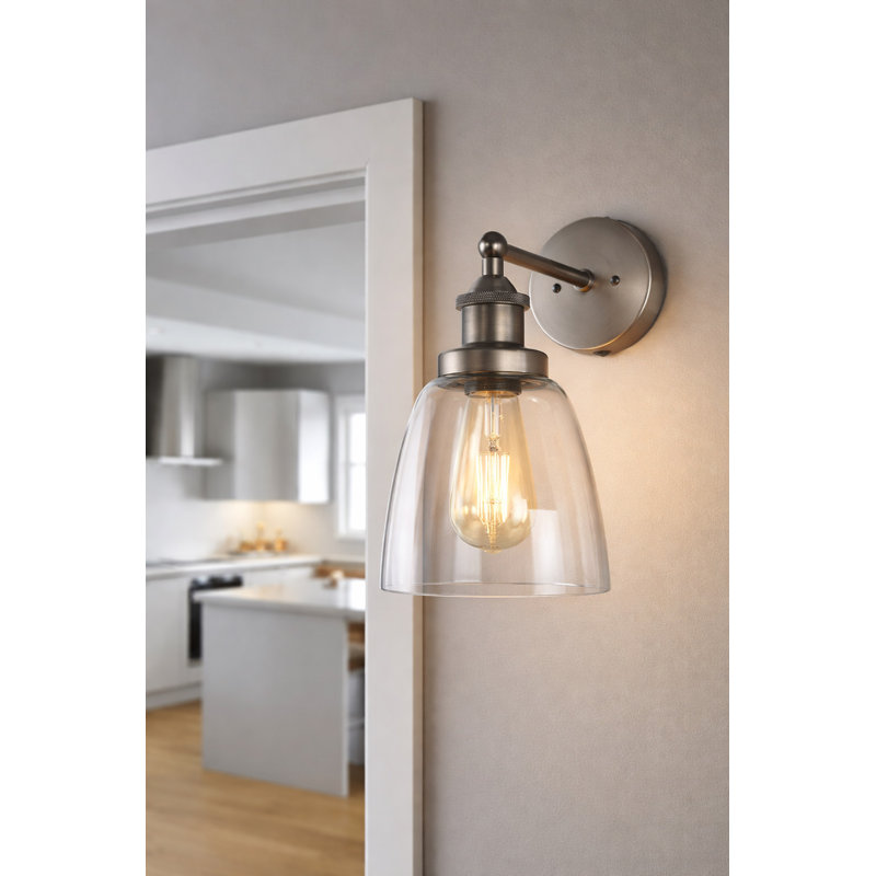 Wayland 1 - Light Dimmable Industrial Style Switched Armed Sconce Wall Light, Pewter, Clear