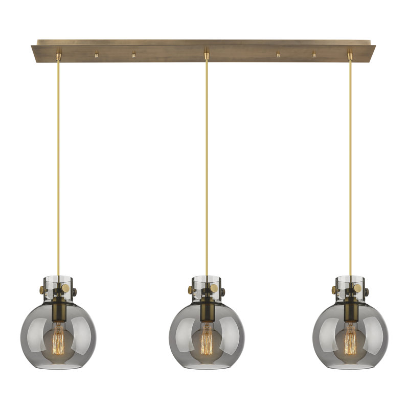 Luminaire suspendu sphère 3 lumières Amrith, Laiton brossé, Gris fumée clair