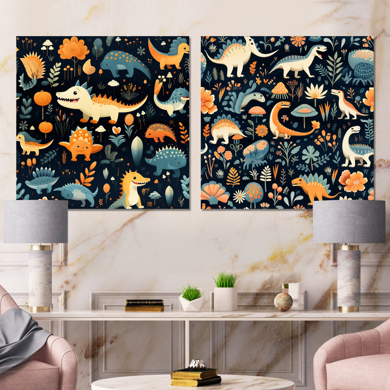 Dinosaurs Roar II - Dinosaur Metal Prints Square Set Of 2, 16" H x 32" W