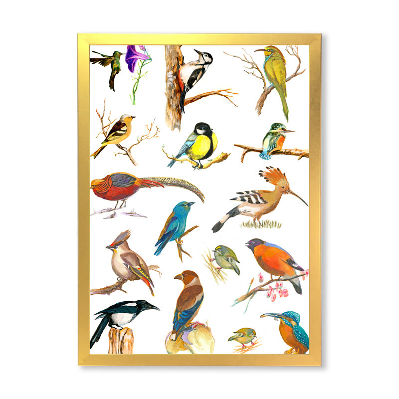 «Vibrant Coloured Birds Plancard», reproduction sur toile, H 32 po x l 16 po x P 1,5 po, Toile encadrée dorée
