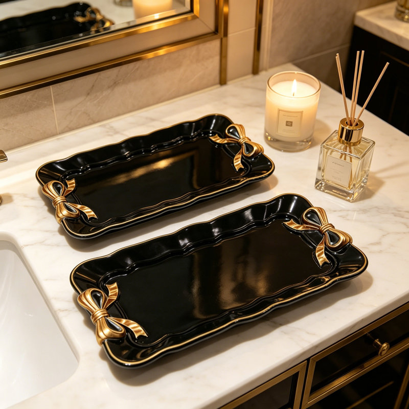 Vintage Decorative Tray Set Of 2, Jewelry And Cosmetic Organizer Tray With Classic Design For Vanity, Bathroom, Desk, And Home Decor