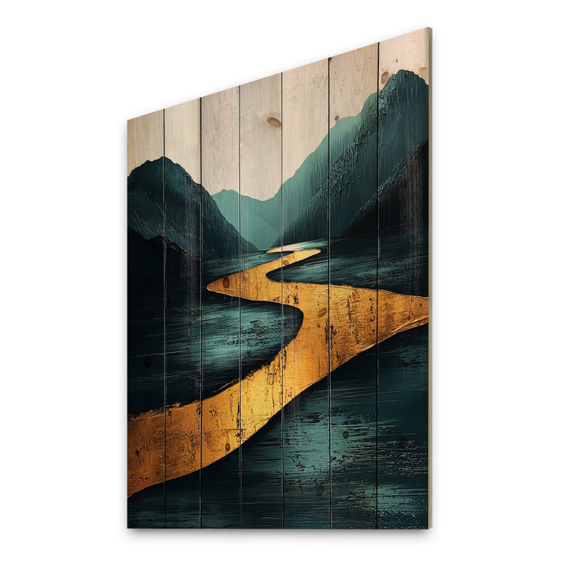 Quiet Bold Mountain In Emerald Gold Harmony I - Lake Wood Wall Decor - On Natural Pine Wood, 32" H x 24" W x 0.78" D