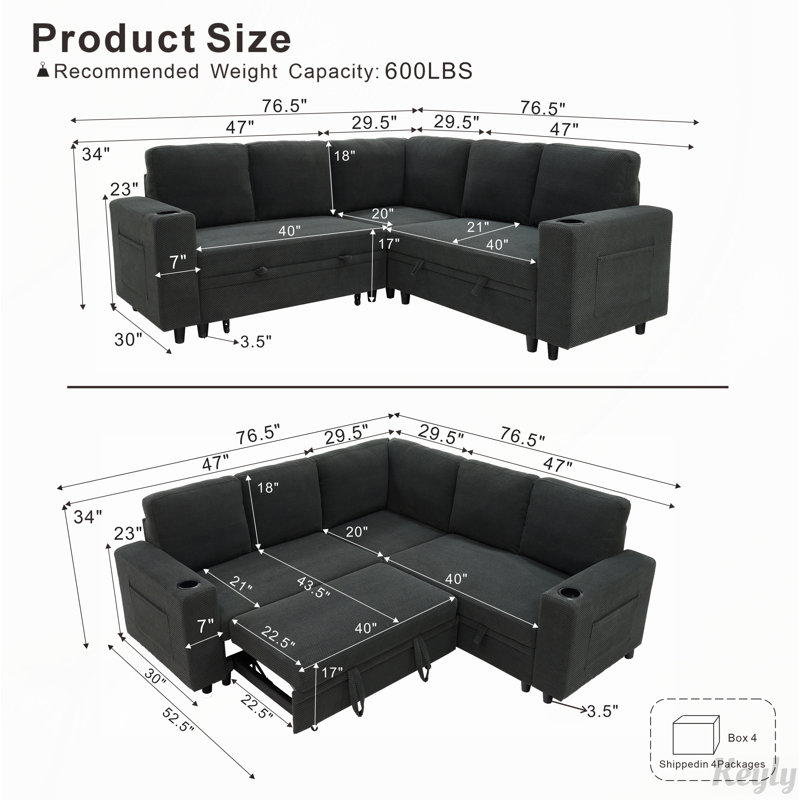 L-Shaped Sectional Sofa Bed with Storage and Pull-Out Sleeper, Coffee Fabric