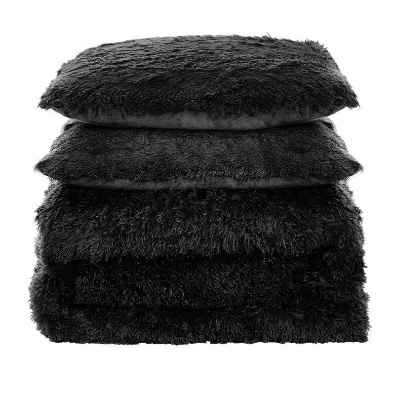 3 Piece Plush Shaggy Comforter Set Ultra Soft Luxurious Faux Fur Decorative Bedding, Black, Queen Comforter + 2 Shams