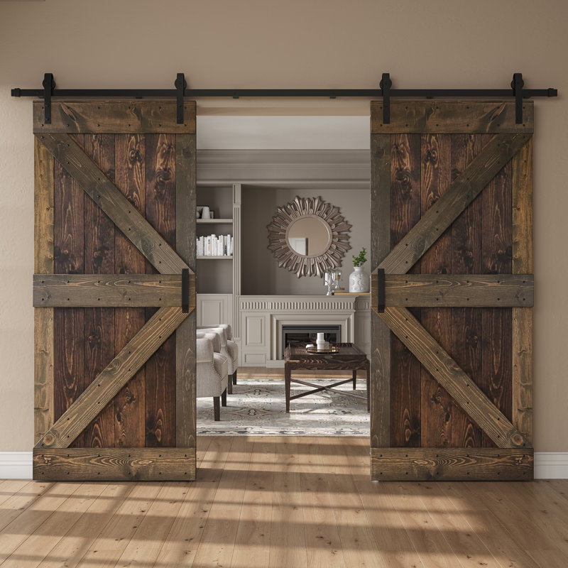 Paneled Wood K Series Double Barn Door with Installation Hardware Kit, Kona Coffee/Smoky Gray, 72" x 84"