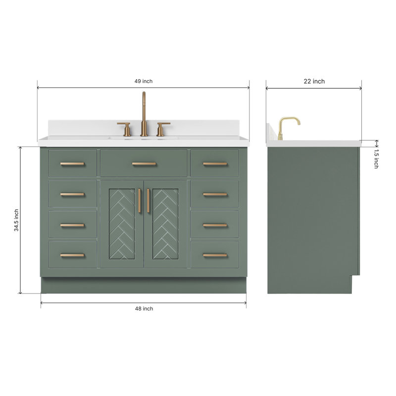 Chevron 49 Inch Single Rectangle Vanity Bathroom Vanity with Pure White Quartz Countertop 1.5 Inch in Vintage Green
