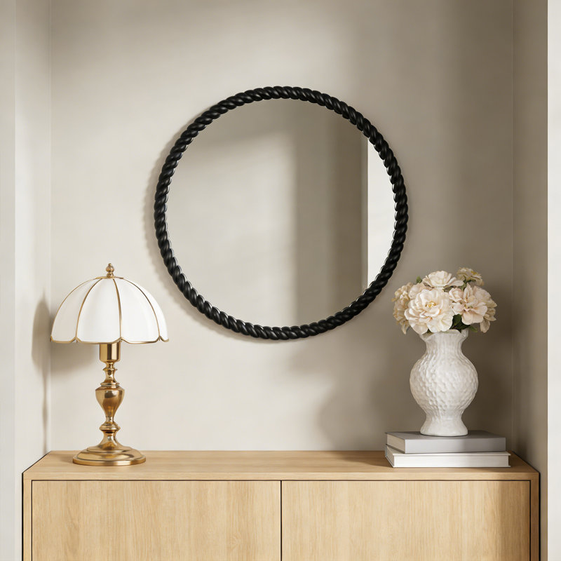 Round Rope Effect Frame Decorative Wood Mirror, Black