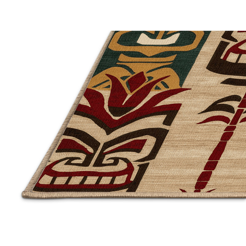 Washable Tiki Faces Hawaiian Area Rug, Rectangle 7' x 10'