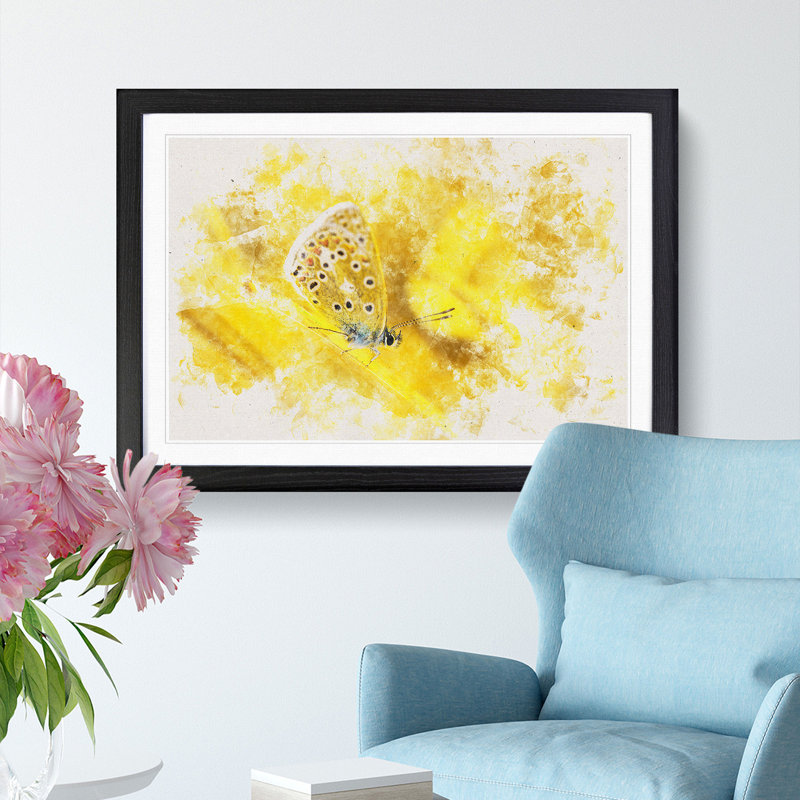 Yellow Butterfly Watercolour - Framed Print, 35cm H x 50cm W x 2cm D, Black