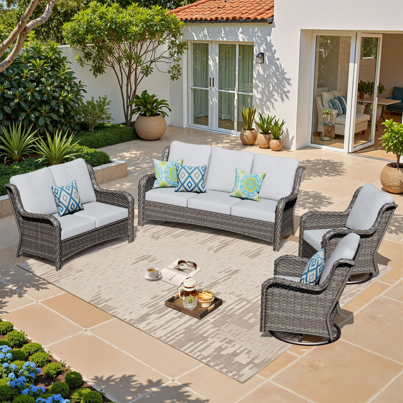 Wicker 7 - Person Patio Conversation Set with Cushions, Gray, Gray