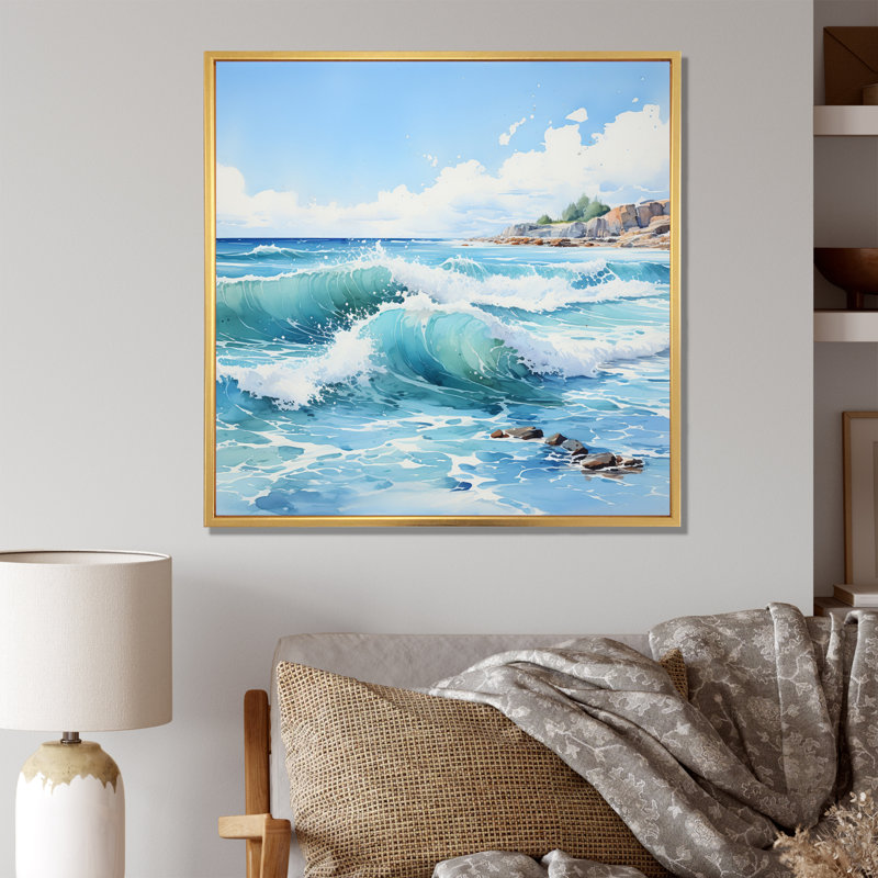 Turquoise Seascapes Capture The Vastness - Nautical & Beach Canvas Wall Art, H 36 po x l 36 po, Cadre flottant doré