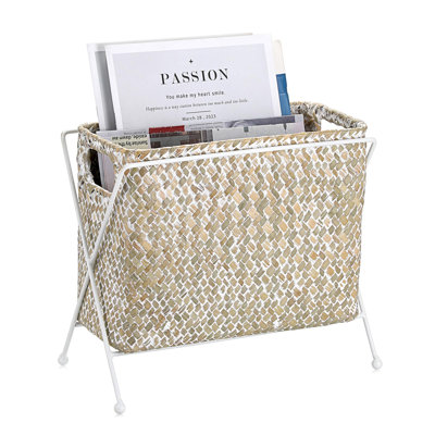 Porte-magazines tissé à la main, panier de magazines en ruppie naturelle avec support en métal, organisateur de porte-courrier, panier en rotin tissé avec poignée (blanc)