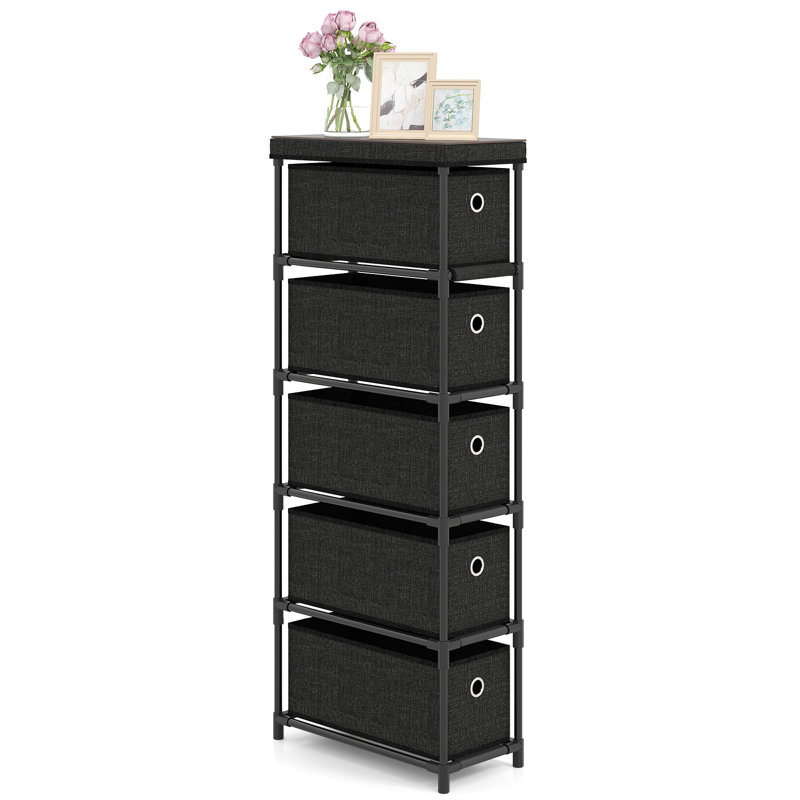 Slim Dresser w/ 5-Drawer Anti-tip Kits Space-Saving Chest of 5 Fabric Drawers