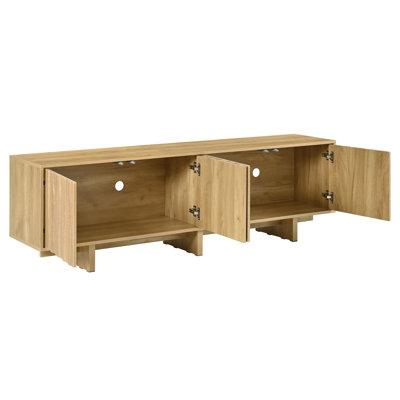 Meuble télé à grain rétro en bois avec porte ondulée pour téléviseur de 75 po ou moins, console média rustique avec amplement d'espace de rangement, meuble télé à base robuste avec gestion des câbles pour le salon